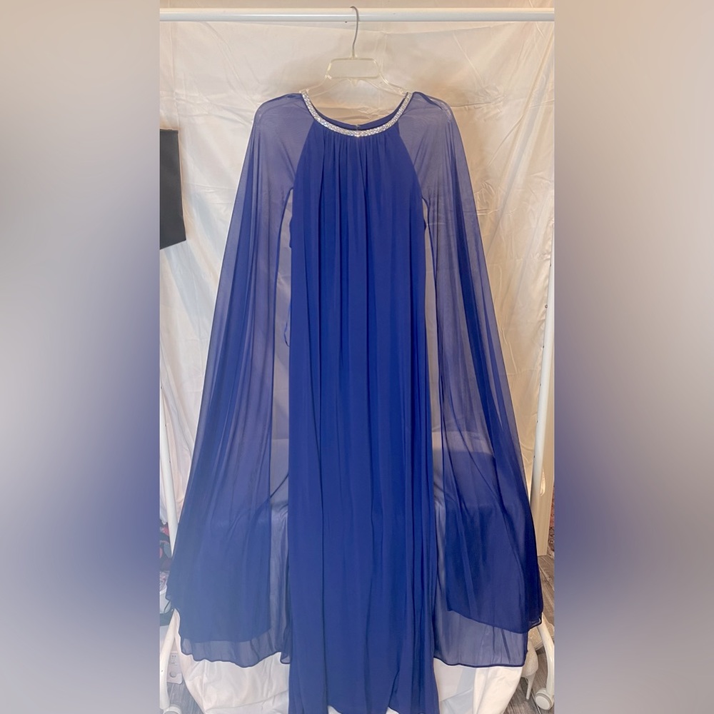 Royal Blue Formal Maxi Dress with Silver Detailing and Cape Sleeves